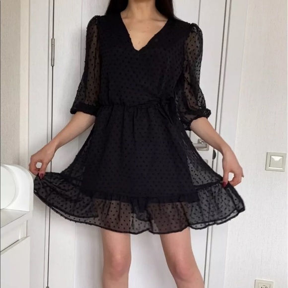 Black SwissDot Side Tie Ruffle Mini Jumpsuit Dress - Picture 11 of 13